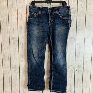 Womens Silver Suki Capri Heavy Stitch Denim Blue Jeans Size W 29 L 26